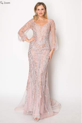 Vestido Corte Sirena con Escote en V y Mangas Largas,Tejido de Malla con Pedreria (Varios Colores)