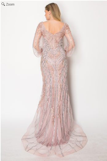 Vestido Corte Sirena con Escote en V y Mangas Largas,Tejido de Malla con Pedreria (Varios Colores)