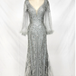 Vestido Corte Sirena con Escote en V y Mangas Largas,Tejido de Malla con Pedreria (Varios Colores)