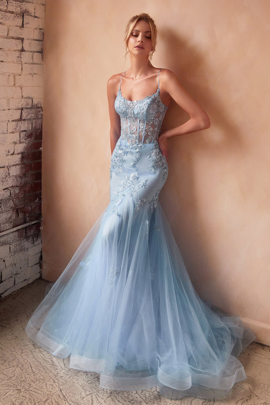 Vestido Corte de Sirena con Decoraciones en color Pastel LT Blue.