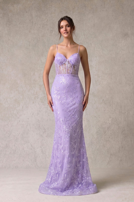 Vestido Ajustado, Con Tirantes, Escote Corazón, Corsé Transparente, Color Lilac