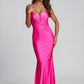 Vestido Corte Sirena, con Tirantes Escote Corazón, Drapeado en Cintura, Cordones en la Espalda, Color Fuchsia