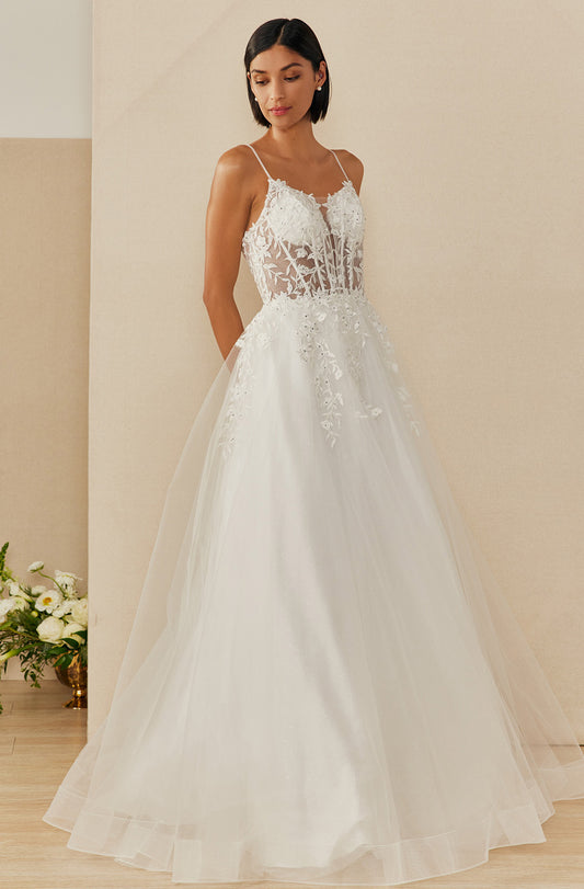 Vestido de Novia en Corte A Escote de Corazón con Tirantes de Tul Bordado, Color Off White