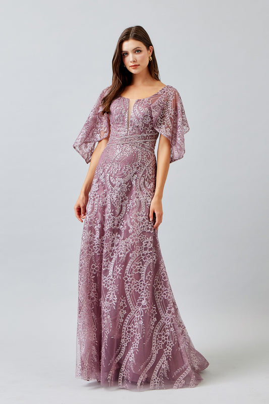 Vestido Corte en A con Mangas Bordado con Brillos y Lentejuelas, Colores Mauve y Ice Blue