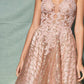 Vestido Corto en A, Escote en V, Con Tirantes y Espalda Descubierta, Color Rose Gold