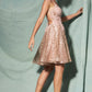 Vestido Corto en A, Escote en V, Con Tirantes y Espalda Descubierta, Color Rose Gold