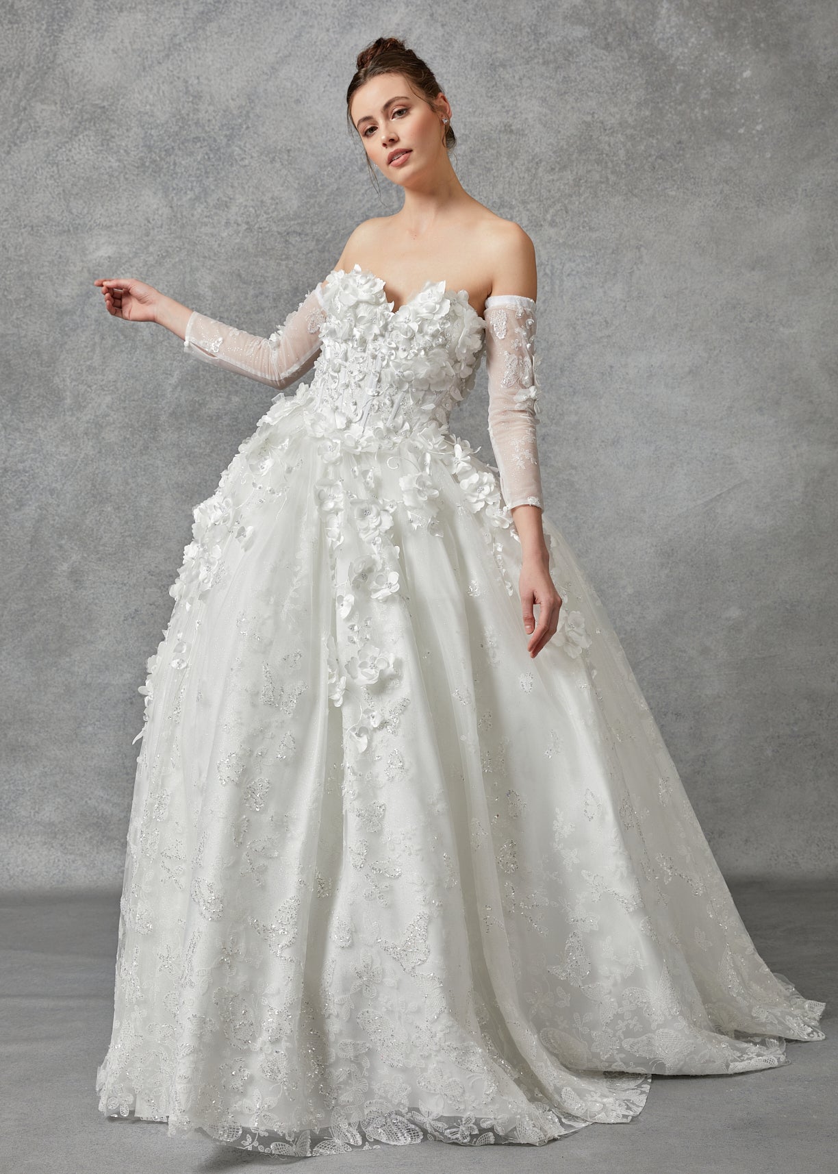 Vestido de Novia Corte Princesa Manga Desmontable Escote de Corazón con Cintas en Espalda Color Off White