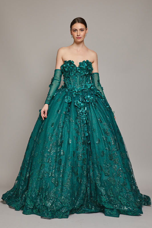 Vestido Largo Corte Princesa Manga Desmontable Escote de Corazón con Cintas en Espalda (Dos colores)