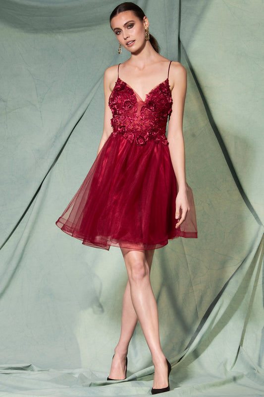 Vestido Corto en A, con Tirantes, Escote en V, Corpiño Bordado y Espalda Descubierta, Colores Burgundy y Rose Gold
