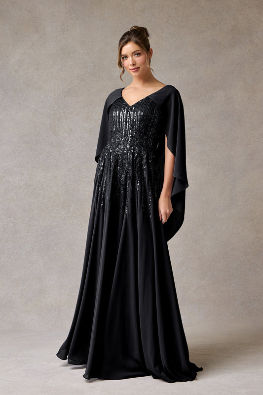 Vestido de Chiffon Bordado en Corte A con Mangas y Capa Corta (Varios Colores)