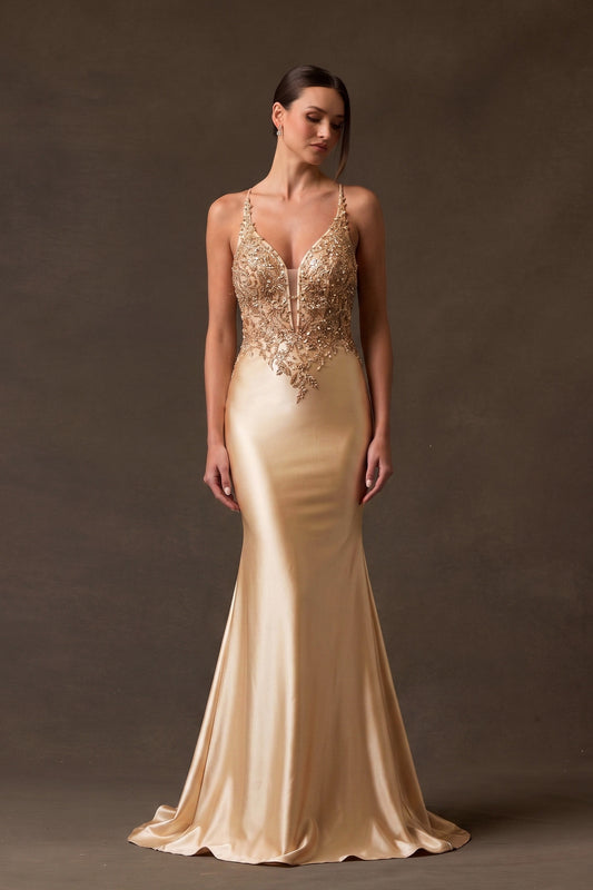 Vestido Entallado, con Tirantes, Corpiño Bordado con Tirantes y Escote Corazón, con Cauda Corta, Color Gold
