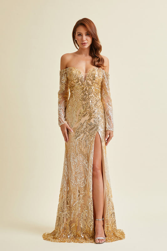 Vestido Entallado, con Hombros Descubiertos, Manga Larga, Escote e V y Abertura en la Pierna, Color Gold