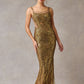 Vestido Recto de Tul Bordado con Escote Redondo Color Bronze