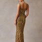 Vestido Recto de Tul Bordado con Escote Redondo Color Bronze