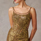 Vestido Recto de Tul Bordado con Escote Redondo Color Bronze