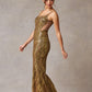 Vestido Recto de Tul Bordado con Escote Redondo Color Bronze