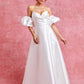 Vestido de Novia Línea en A con Mangas Abullonadas Desmontables y Abertura enla Pierna  Color Offe White.