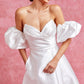 Vestido de Novia Línea en A con Mangas Abullonadas Desmontables y Abertura enla Pierna  Color Offe White.