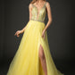 Vestido Línea A Con Sin Mangas Escote V Color Yellow Silver.