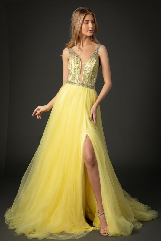 Vestido Línea A Con Sin Mangas Escote V Color Yellow Silver.