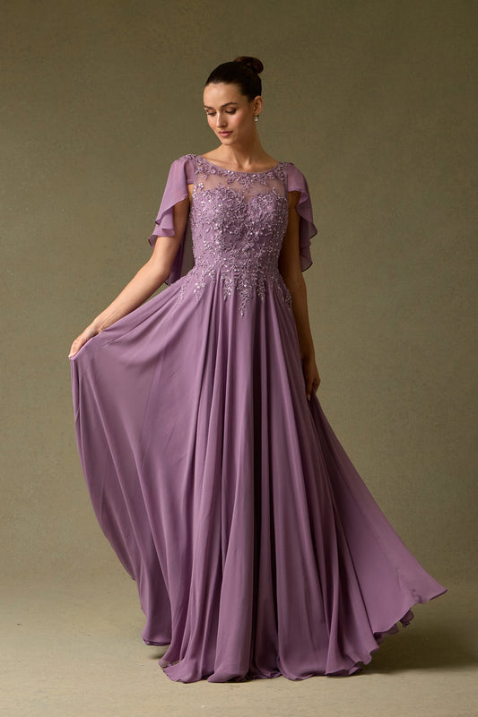 Vestido de Chiffon en Corte A con Corpiño Bordado con Cuentas y Cristales, de Manga Corta Tipo  Capa, Varios Colores