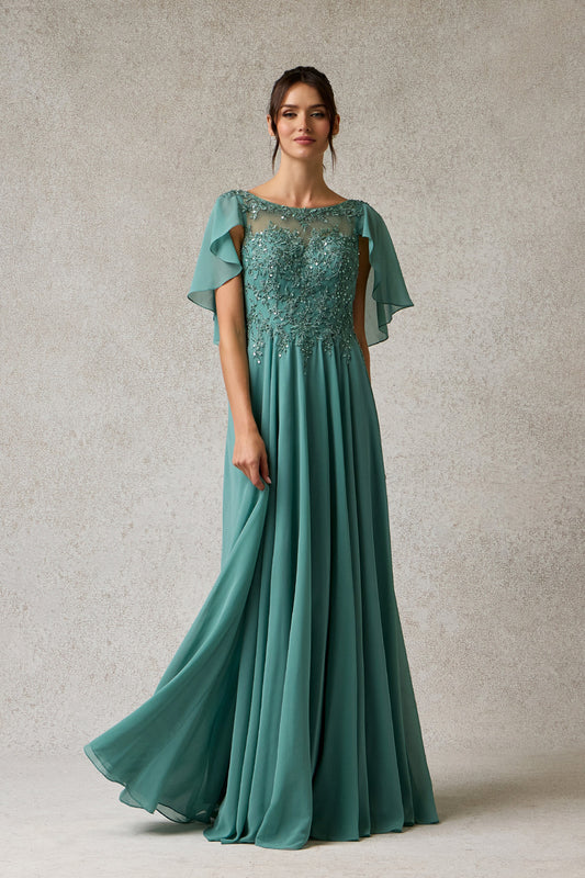Vestido de Chiffon en Corte A con Corpiño Bordado con Cuentas y Cristales, de Manga Corta Tipo  Capa, Color Sage