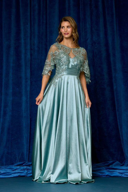 Vestido Corte en A, Con Escote Corazón Drapeado con Capa de Tul Bordada de Manga Corta Desmontable, Color Teal