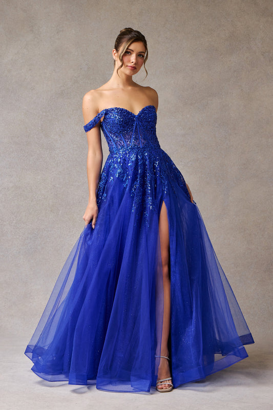 Vestido Línea A Hombros Caidos con Corse Color Royal