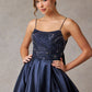 Vestido de Satén en Corte A con Tirantes y Aplicaciones en Pedrería Color Navy