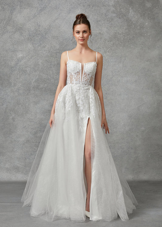 Vestido de Novia en Corte A de Tul Brilloso con Encaje Bordado, Color Off White