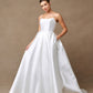 Vestido de Novia, Corte en A, Con Tirantes Cuello Redondo, Bolsillos Laterales y Moño Trasero Desmontable, Color Off White