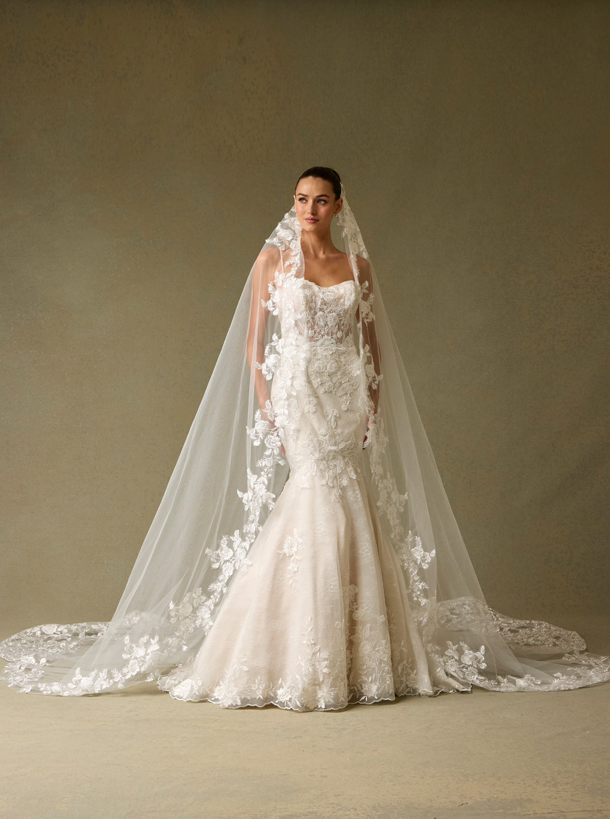 Velo de Novia Largo de Tul, Encaje y Lentejuelas, Color Off White