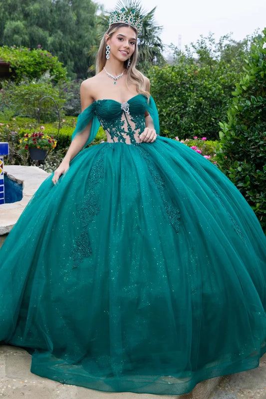 Vestido de Fiesta, Con Escote Corazón, Corpiño Tipo Corsé Transparente con Brillos y Encaje, (Varios Colores)