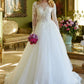 Vestido de Novia, Corte en A, Escote en V Ilusión, Manga Larga y Espalda Abierta con Cauda, Color Off White