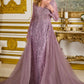 Vestido Manga Larga, Cuello en V con Sobre Falda y Aplicaciones en Cuentas y Lentejuelas, Color Mauve