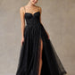 Vestido de Tul con Tirantes y Corsé Bordado con Brillos, Color Black