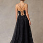 Vestido de Tul con Tirantes y Corsé Bordado con Brillos, Color Black