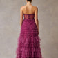 Vestido Straple en línea A con Abertura Color Plum.