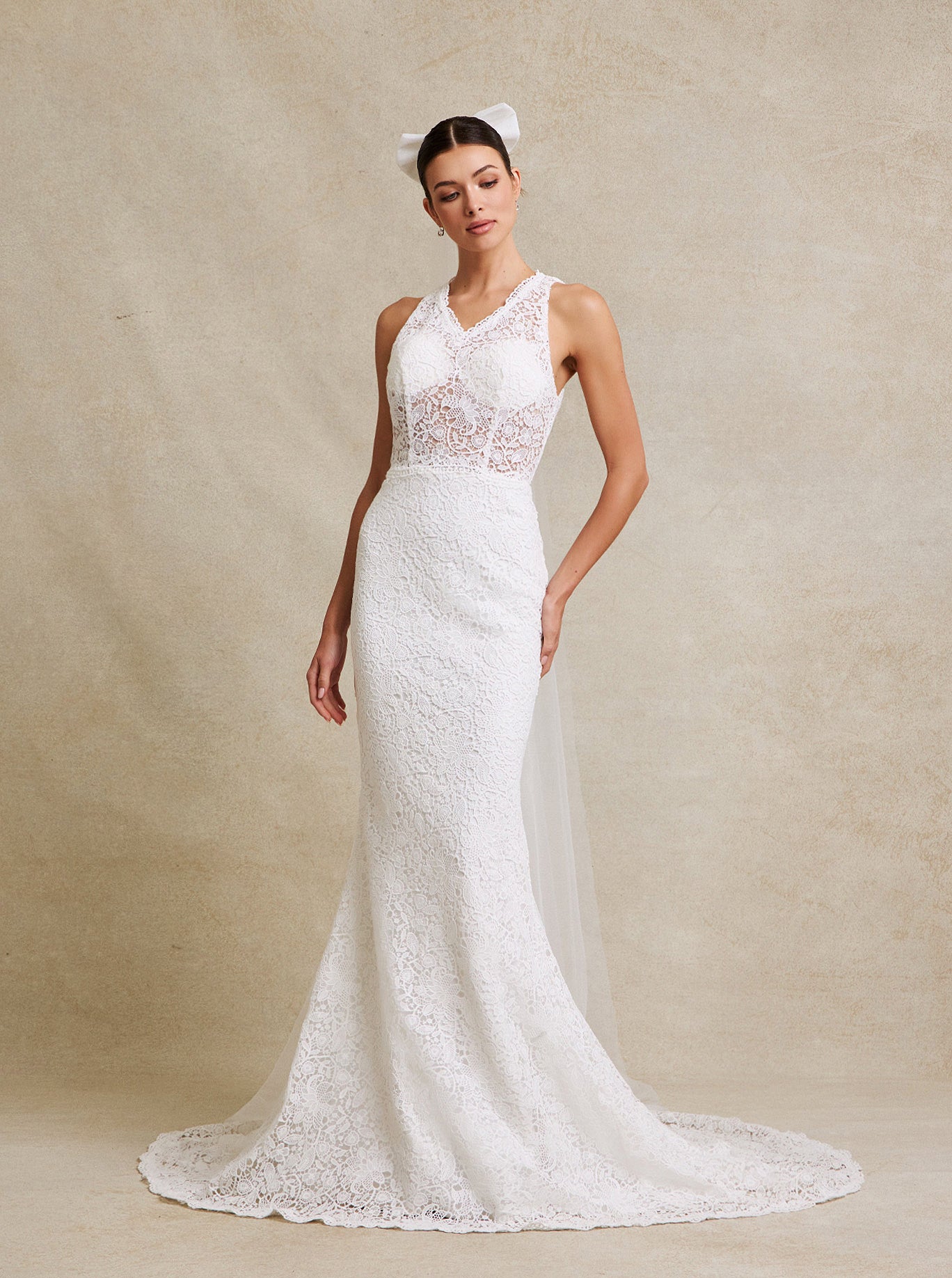 Vestido de Novia Corte Sirena de Encaje con Velo Incluido Color Off White