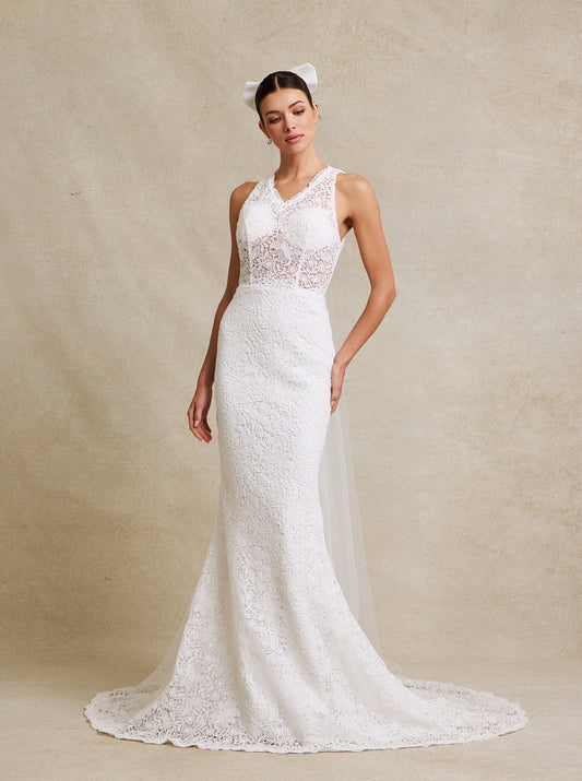 Vestido de Novia Corte Sirena de Encaje con Velo Incluido Color Off White
