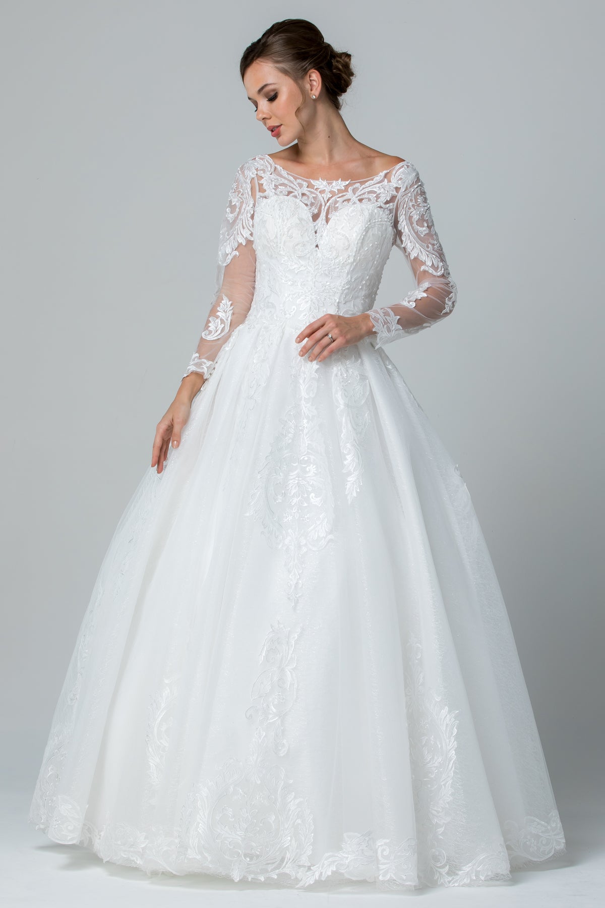Vestido de Novia Corte en A Escote de Corazón con Encaje y Manga Larga Color Off White