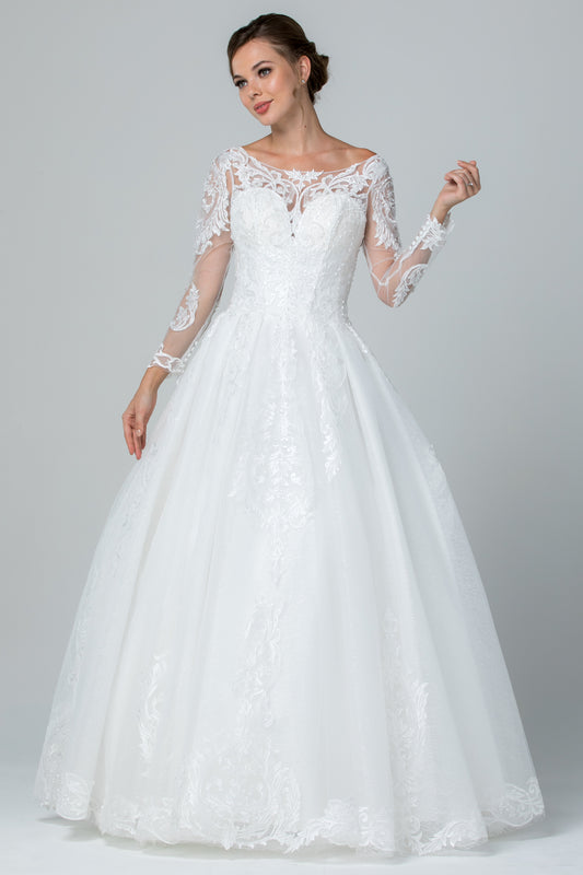 Vestido de Novia Corte en A Escote de Corazón con Encaje y Manga Larga Color Off White