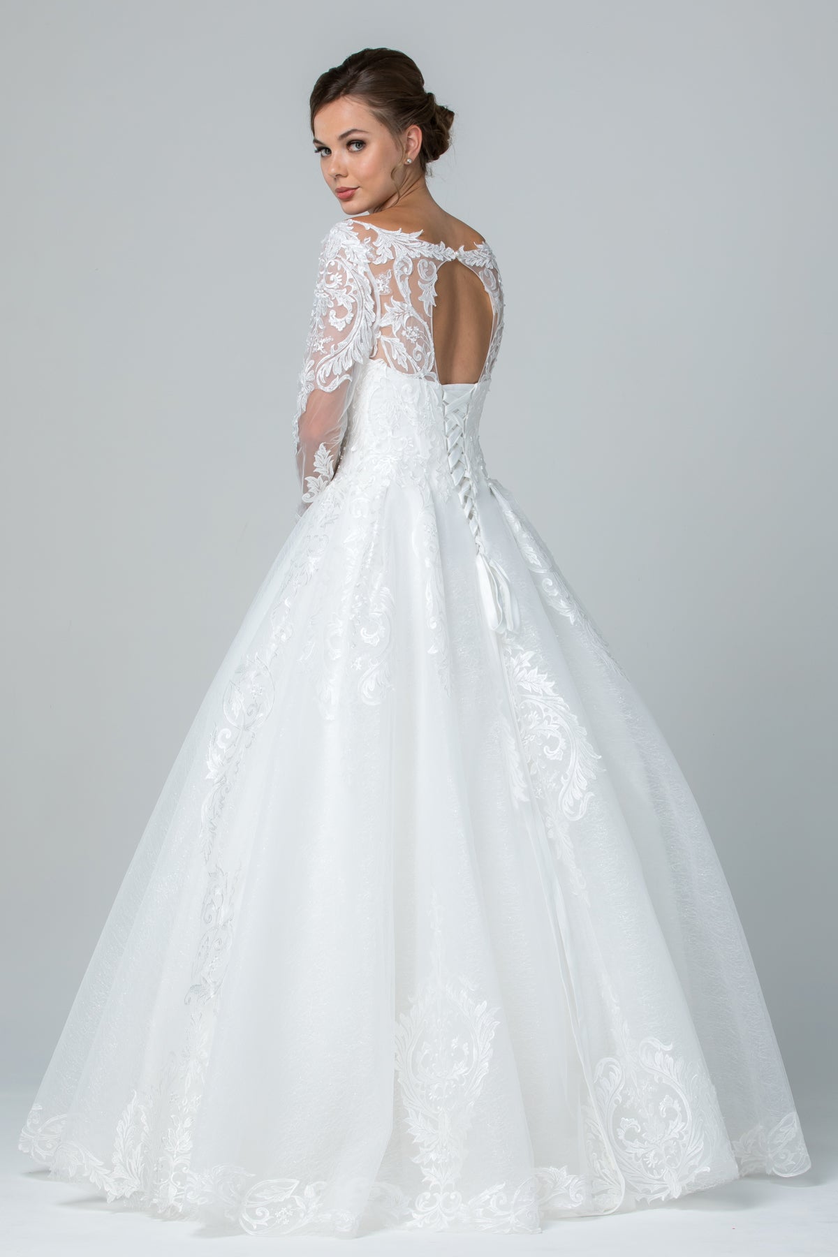 Vestido de Novia Corte en A Escote de Corazón con Encaje y Manga Larga Color Off White
