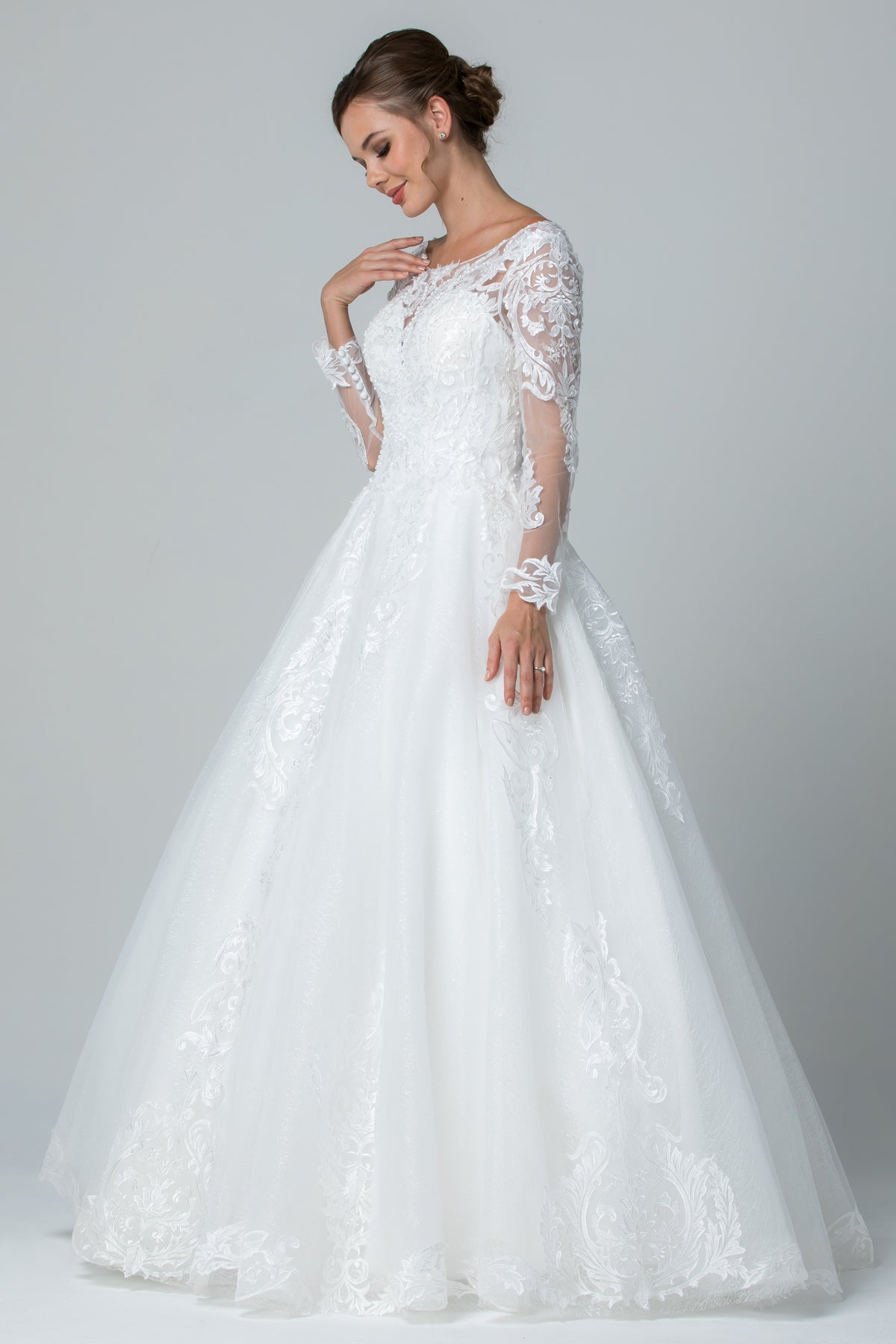 Vestido de Novia Corte en A Escote de Corazón con Encaje y Manga Larga Color Off White