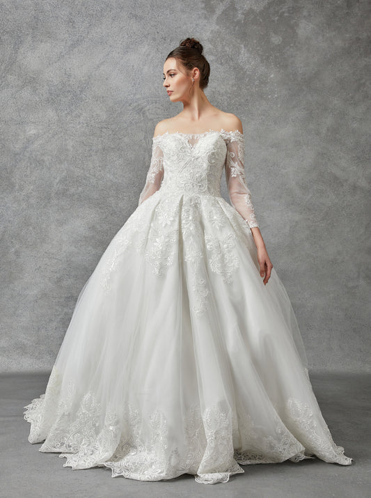 Vestido de Novia Bordado con Cuentas y Lentejuelas con Manga Larga al Hombro, Color Off White