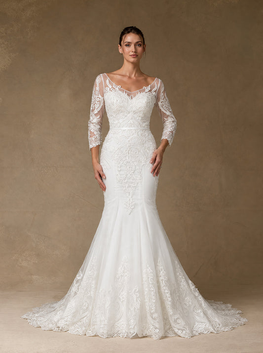 Vestido de Novia Corte Sirena, con Escote en V, Manga 3/4, de Tul Bordado con Lentejuela, Color Off Whitw