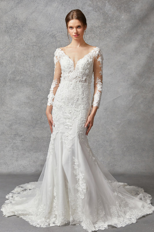 Vestido de Novia de Encaje Bordado con Cristales, Perlas y Lentejuelas Color Off White