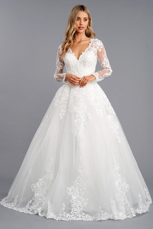 Vestido de Novia en Corte A, Con Manga Larga, Escote en V y Cintas en la Espalda, Color Off White