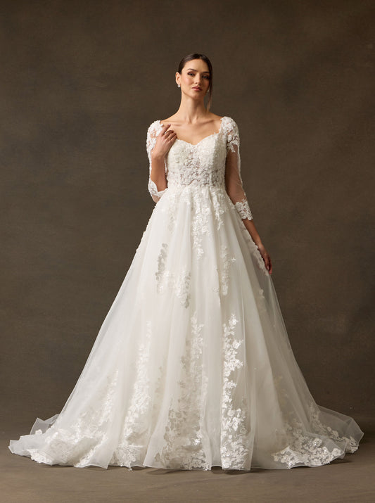 Vestido de Novia con Mangas 3/4, Escote Corazón, con Lazos en la Espalda, Color Off White