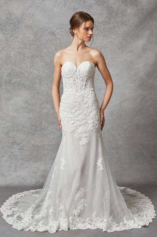 Vestido de Novia, Corte Sirena, Escote Corazón con Lazos en la Espalda, Color Off White